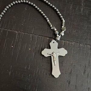 Vintage Beaded Cross Necklace Gray Gunmetal Unique​​